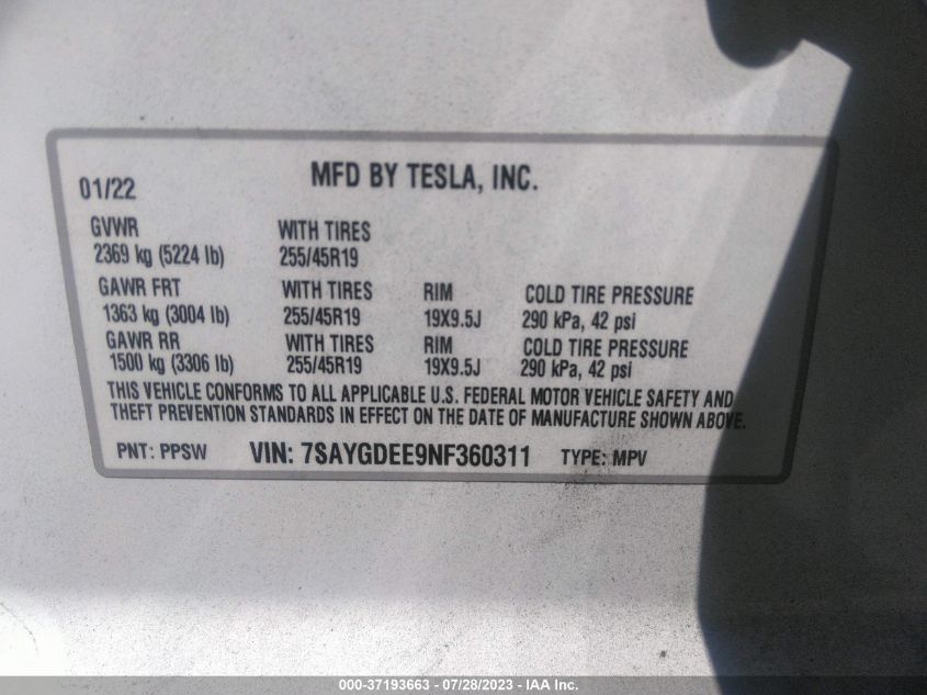 2022 TESLA MODEL Y LONG RANGE - 7SAYGDEE9NF360311