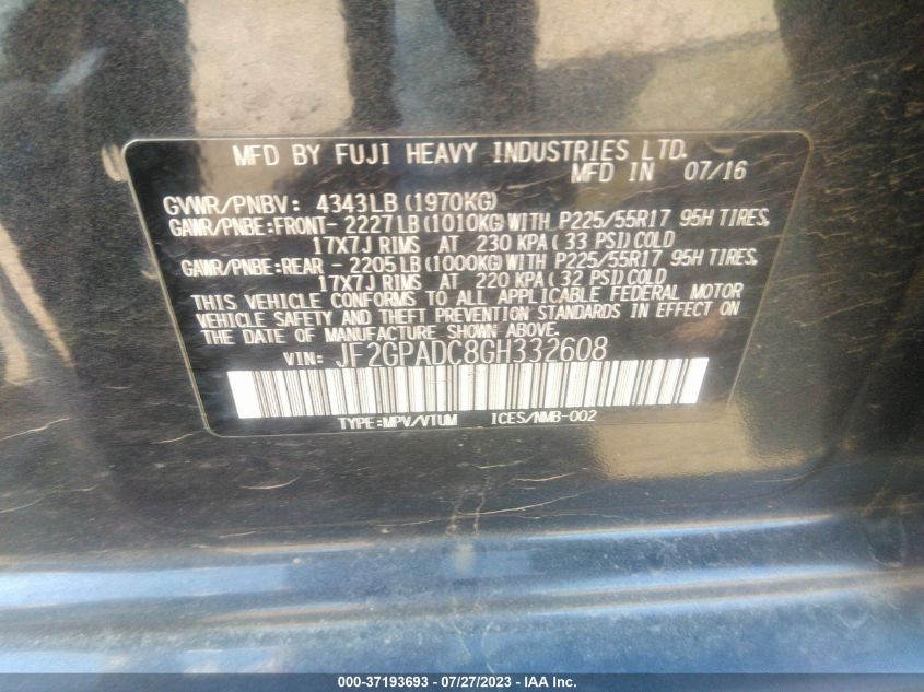 2016 SUBARU CROSSTREK PREMIUM - JF2GPADC8GH332608