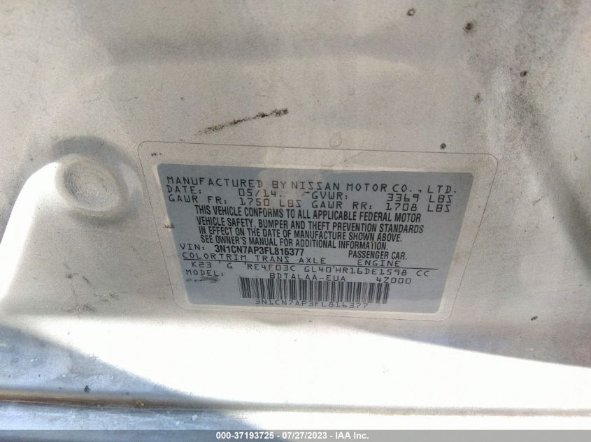 2015 NISSAN VERSA S - 3N1CN7AP3FL816377