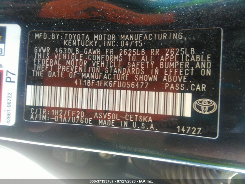 2015 TOYOTA CAMRY XLE/SE/LE/XSE - 4T1BF1FK6FU056477