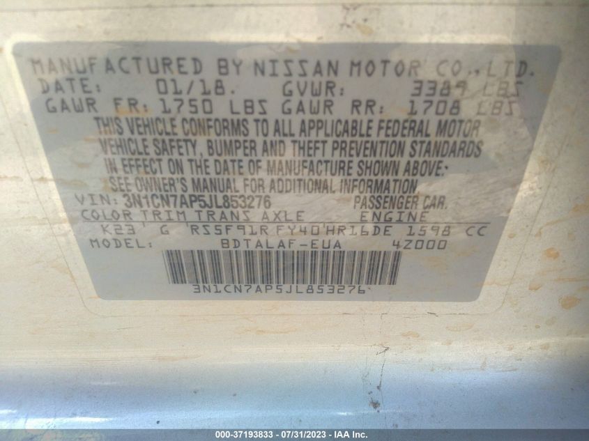 2018 NISSAN VERSA SEDAN S - 3N1CN7AP5JL853276