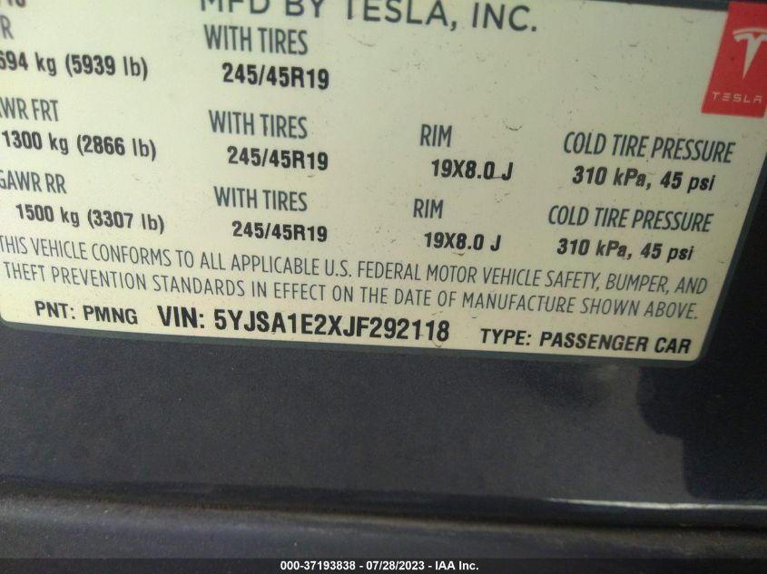 2018 TESLA MODEL S - 5YJSA1E2XJF292118