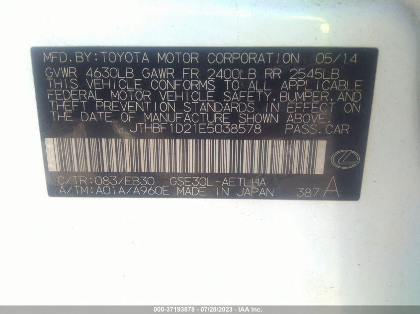 2014 LEXUS IS 250 - JTHBF1D21E5038578