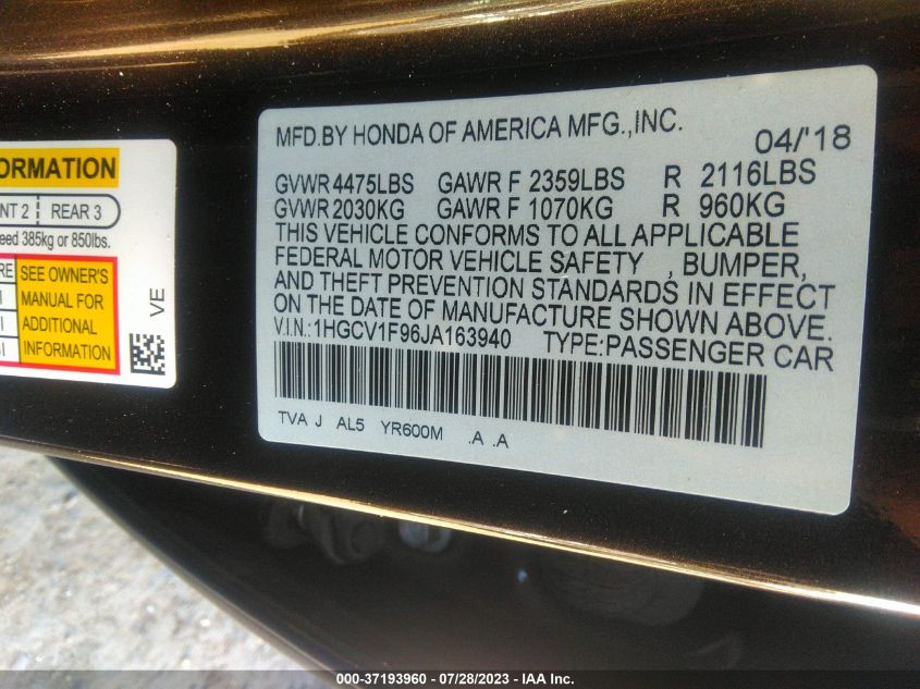 2018 HONDA ACCORD SEDAN TOURING 1.5T - 1HGCV1F96JA163940