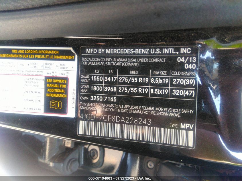 2013 MERCEDES-BENZ GL-CLASS GL 450 4JGDF7CE8DA228243