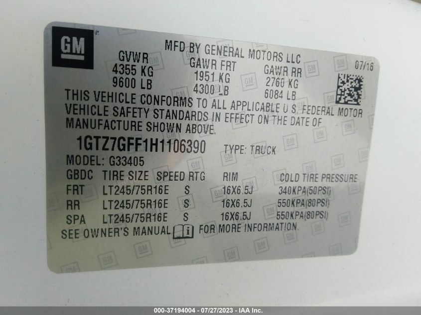 2017 GMC SAVANA CARGO VAN 1GTZ7GFF1H1106390