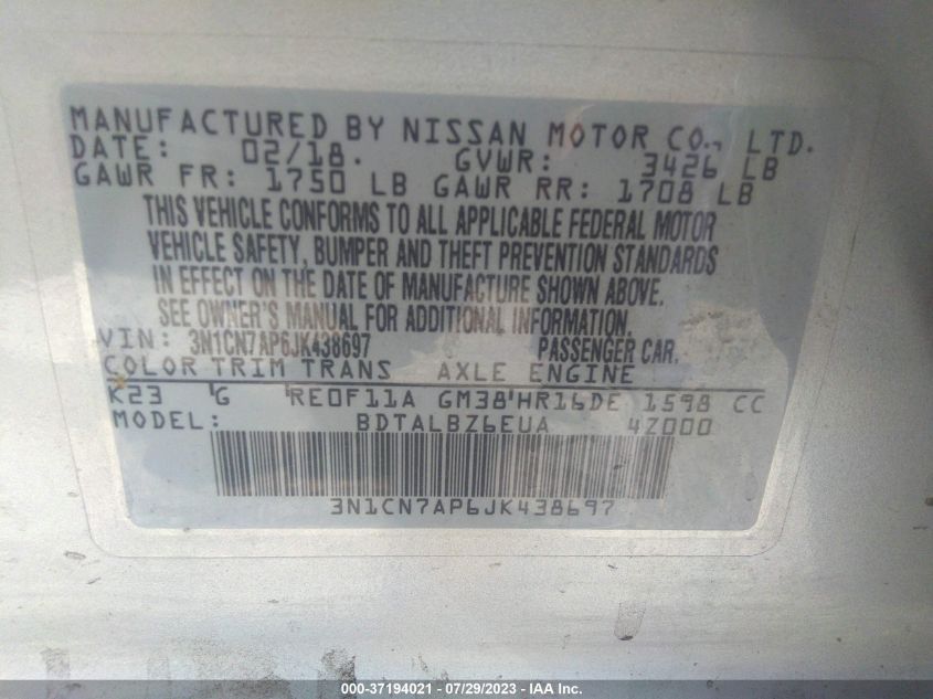 2018 NISSAN VERSA SEDAN SV - 3N1CN7AP6JK438697