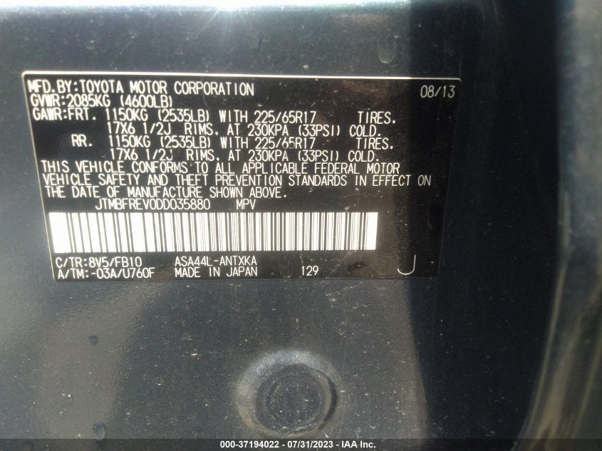 2013 TOYOTA RAV4 LE - JTMBFREV0DD035880