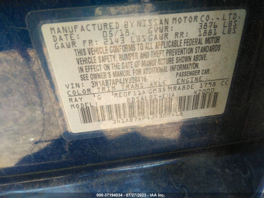 2018 NISSAN SENTRA S - 3N1AB7AP4JY309418