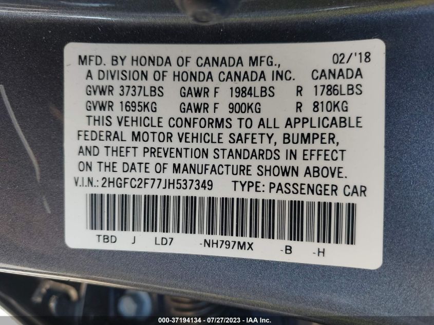 2018 HONDA CIVIC SEDAN EX - 2HGFC2F77JH537349