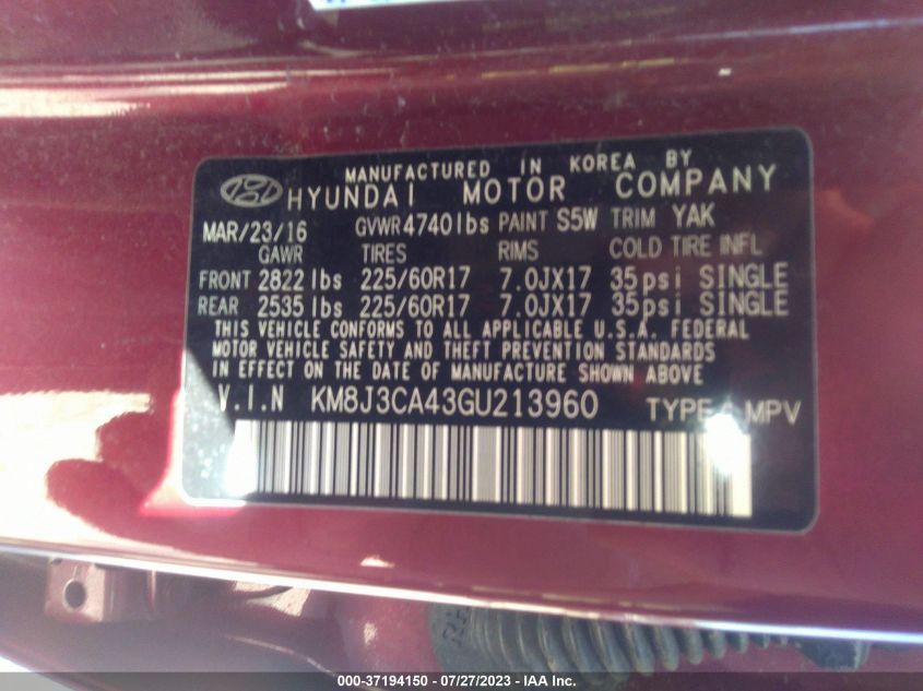 2016 HYUNDAI TUCSON SE - KM8J3CA43GU213960