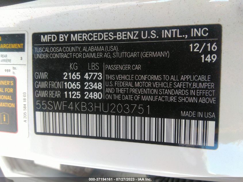 55SWF4KB3HU203751 2017 MERCEDES-BENZ C-CLASS, photo no. 9