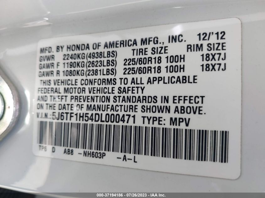 2013 HONDA CROSSTOUR EX-L 5J6TF1H54DL000471