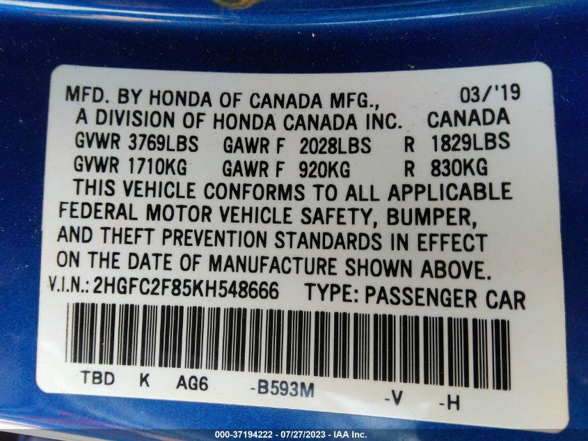 2019 HONDA CIVIC SEDAN SPORT - 2HGFC2F85KH548666