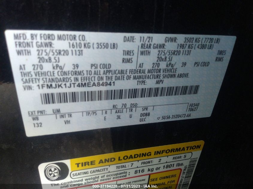 2021 FORD EXPEDITION MAX XLT - 1FMJK1JT4MEA84941