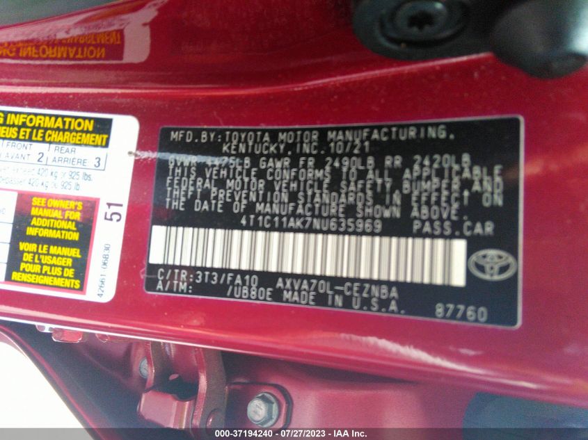 2022 TOYOTA CAMRY LE - 4T1C11AK7NU635969