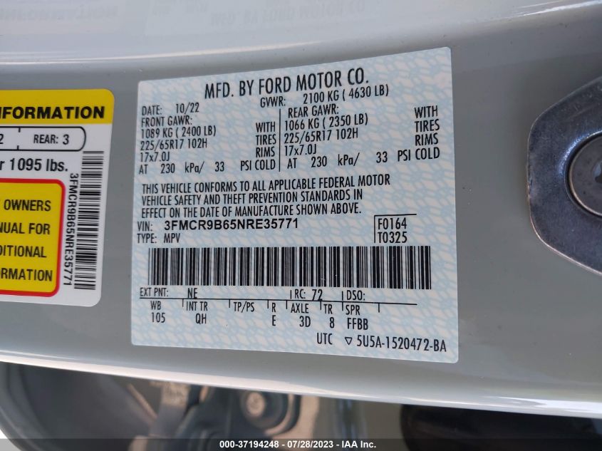2022 FORD BRONCO SPORT BIG BEND - 3FMCR9B65NRE35771