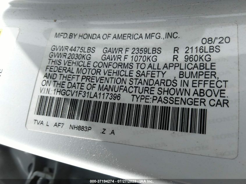 2020 HONDA ACCORD SEDAN SPORT - 1HGCV1F31LA117396