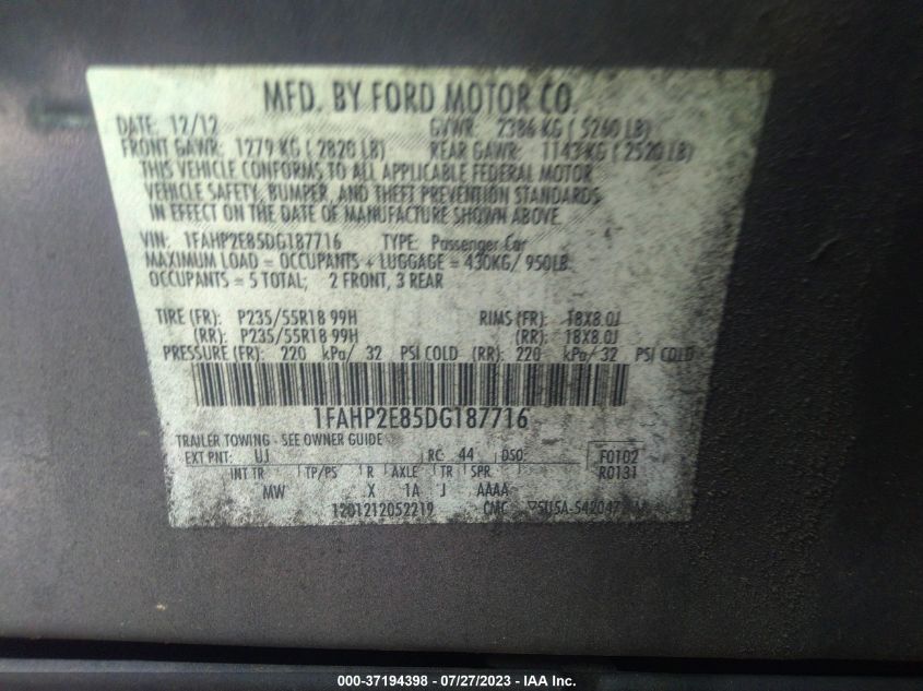 2013 FORD TAURUS SEL - 1FAHP2E85DG187716