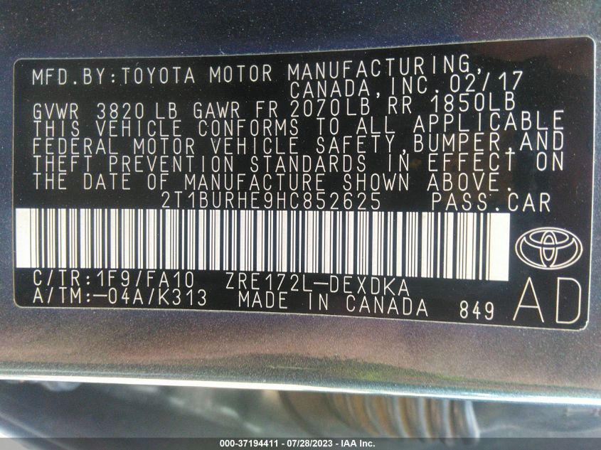 2017 TOYOTA COROLLA L/LE/XLE/SE - 2T1BURHE9HC852625