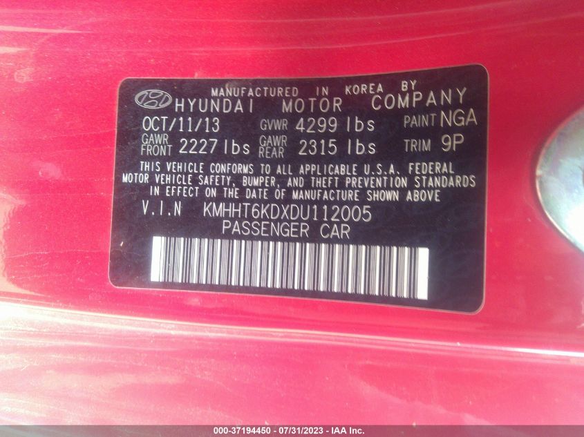 2013 HYUNDAI GENESIS COUPE 2.0T KMHHT6KDXDU112005