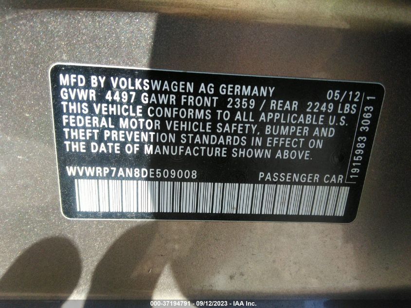2013 VOLKSWAGEN CC LUX - WVWRP7AN8DE509008