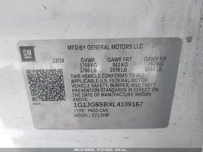 2020 CHEVROLET SONIC LT - 1G1JG6SBXL4109167