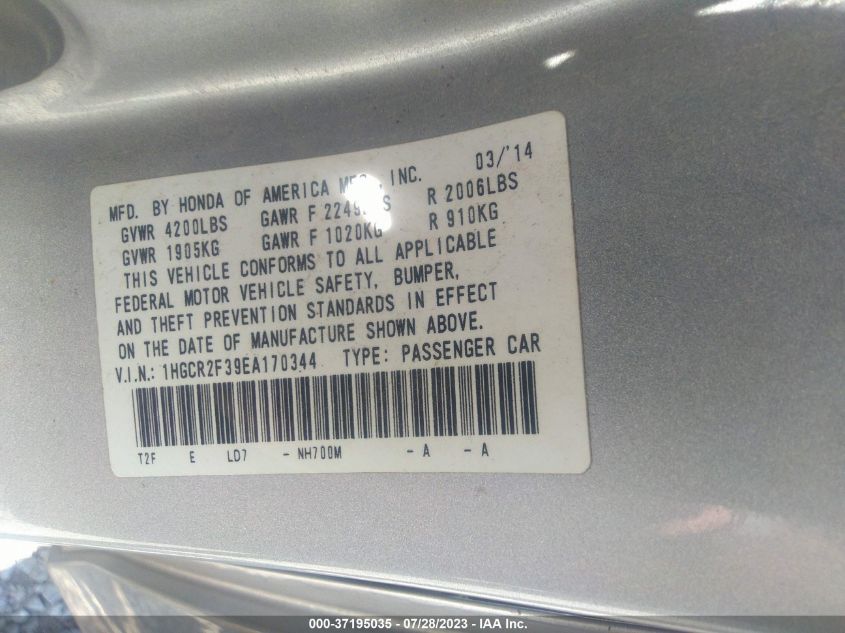 2014 HONDA ACCORD SEDAN LX - 1HGCR2F39EA170344