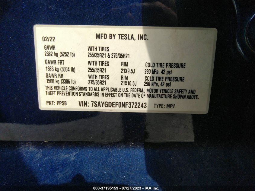2022 TESLA MODEL Y PERFORMANCE - 7SAYGDEF0NF372243