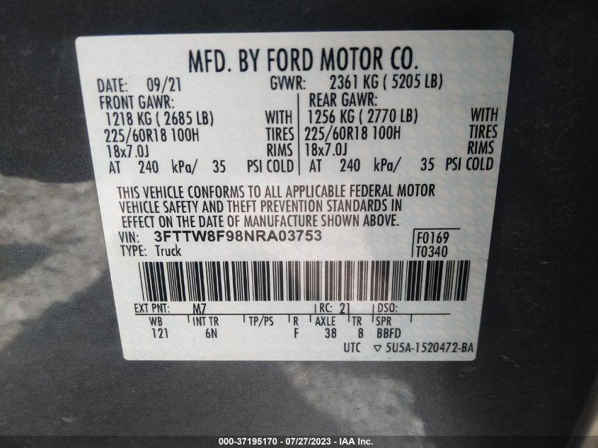 2022 FORD MAVERICK LARIAT - 3FTTW8F98NRA03753