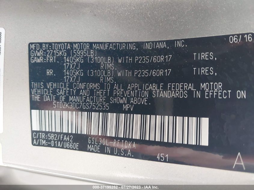 2016 TOYOTA SIENNA L - 5TDZK3DC7GS752535