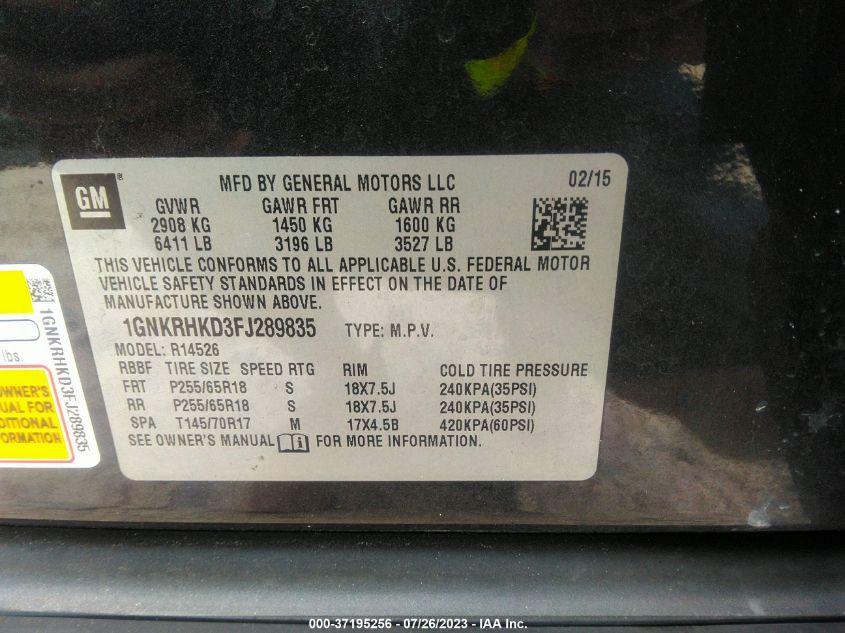 2015 CHEVROLET TRAVERSE LT - 1GNKRHKD3FJ289835