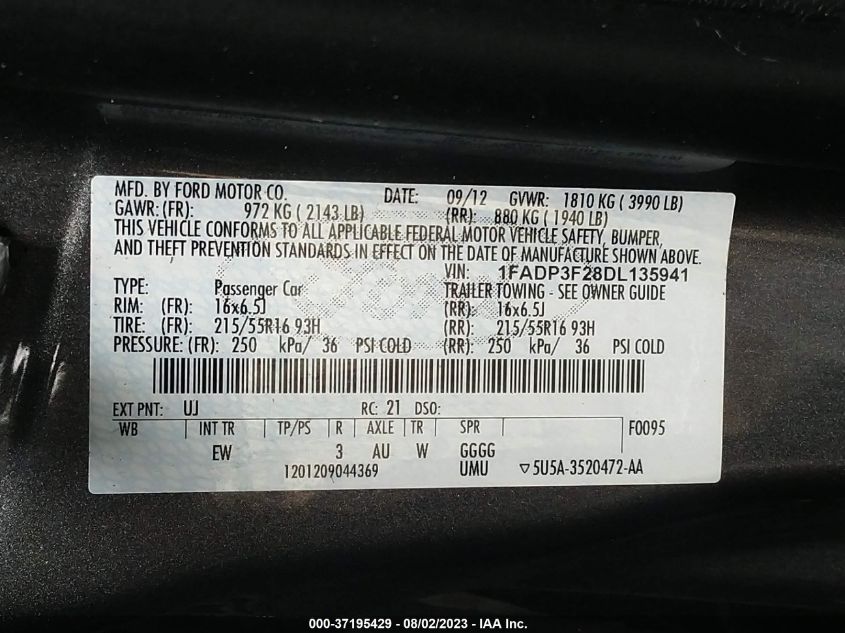 2013 FORD FOCUS SE - 1FADP3F28DL135941