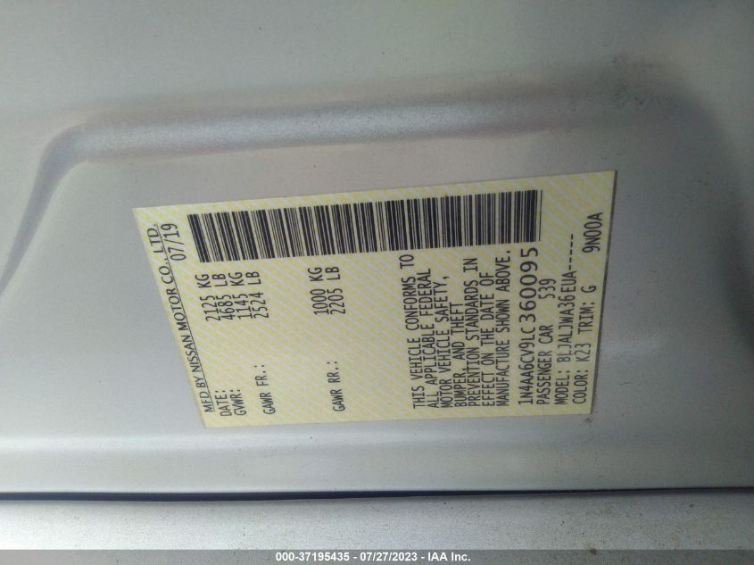 2020 NISSAN MAXIMA SV - 1N4AA6CV9LC360095