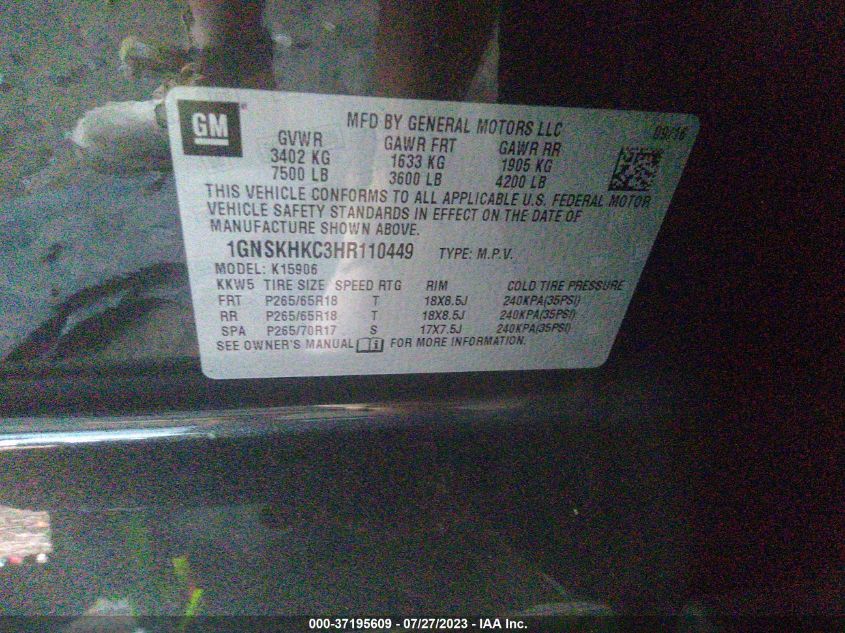 2017 CHEVROLET SUBURBAN LT - 1GNSKHKC3HR110449