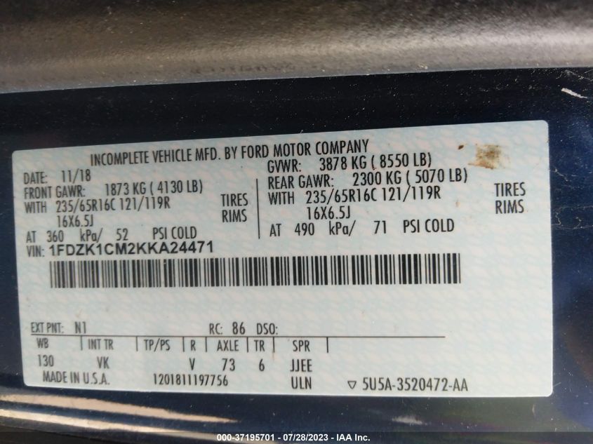 2019 FORD TRANSIT PASSENGER WAGON XL/XLT 1FDZK1CM2KKA24471