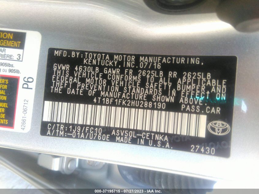 2017 TOYOTA CAMRY XLE/SE/LE/XSE - 4T1BF1FK2HU288190