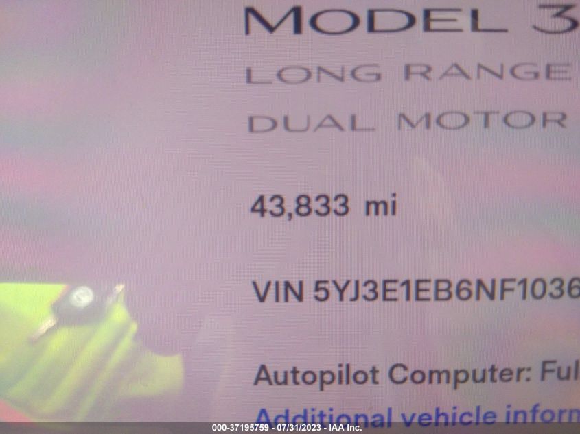 2022 TESLA MODEL 3 - 5YJ3E1EB6NF103687