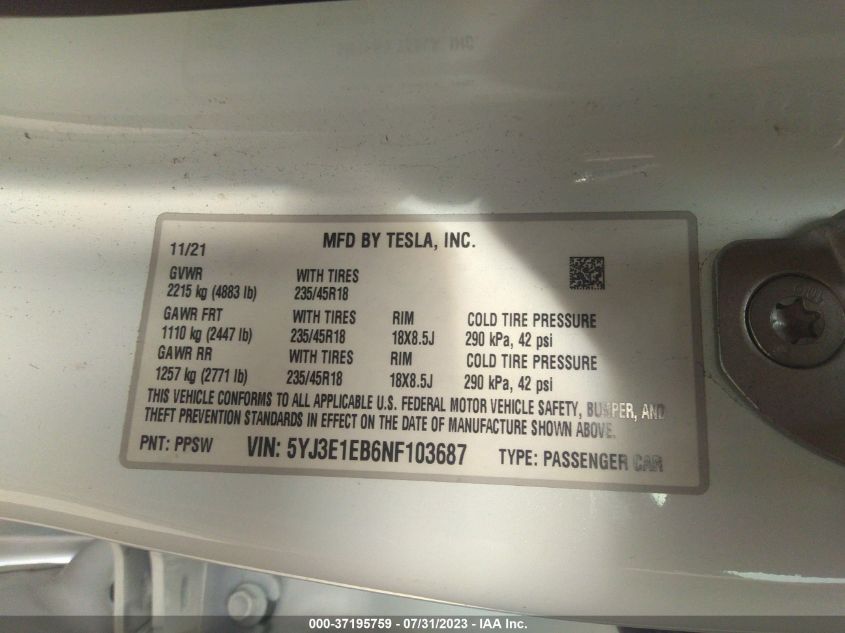 2022 TESLA MODEL 3 - 5YJ3E1EB6NF103687