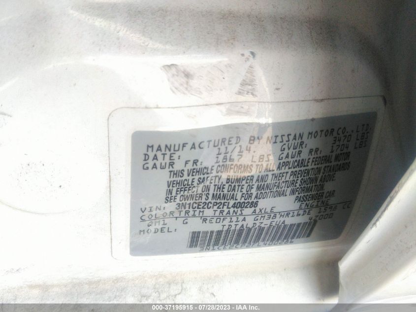 2015 NISSAN VERSA NOTE S/S PLUS/SV/SR/SL - 3N1CE2CP2FL400286