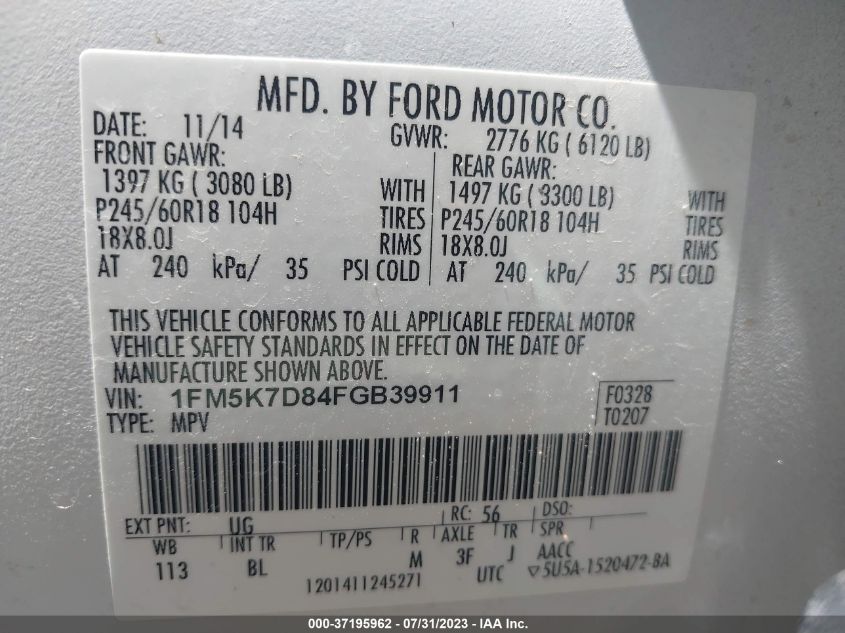 2015 FORD EXPLORER XLT - 1FM5K7D84FGB39911
