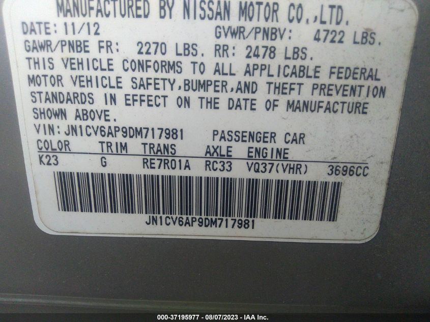 2013 INFINITI G37 SEDAN JOURNEY JN1CV6AP9DM717981