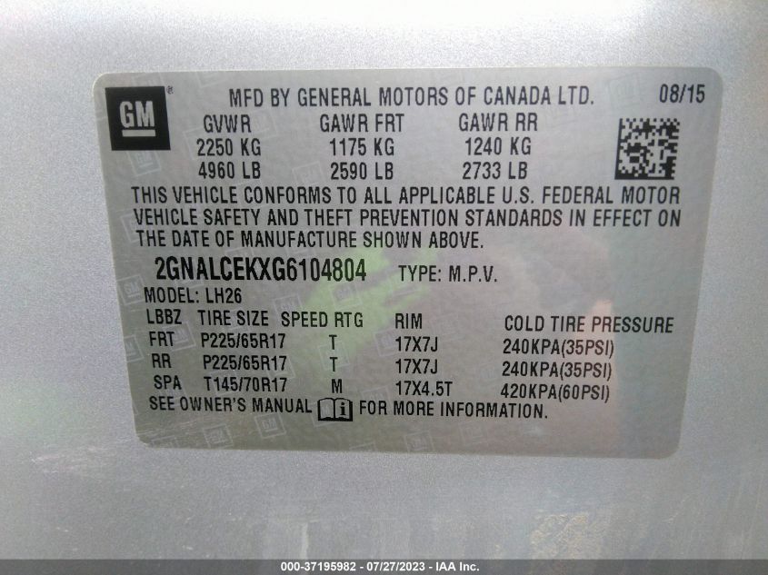 2016 CHEVROLET EQUINOX LT - 2GNALCEKXG6104804