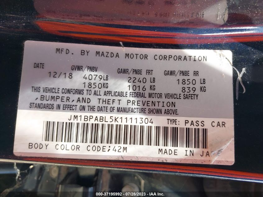 2019 MAZDA MAZDA3 SEDAN JM1BPABL5K1111304