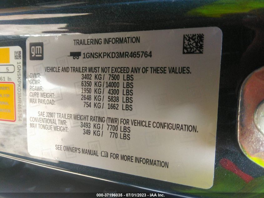 2021 CHEVROLET TAHOE Z71 - 1GNSKPKD3MR465764