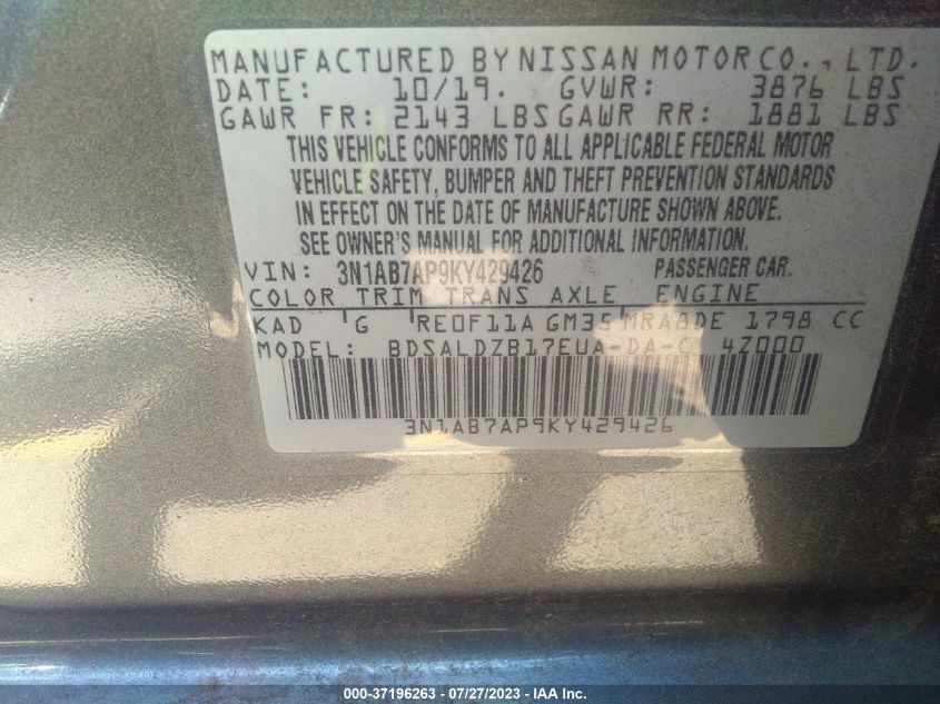 2019 NISSAN SENTRA SV - 3N1AB7AP9KY429426