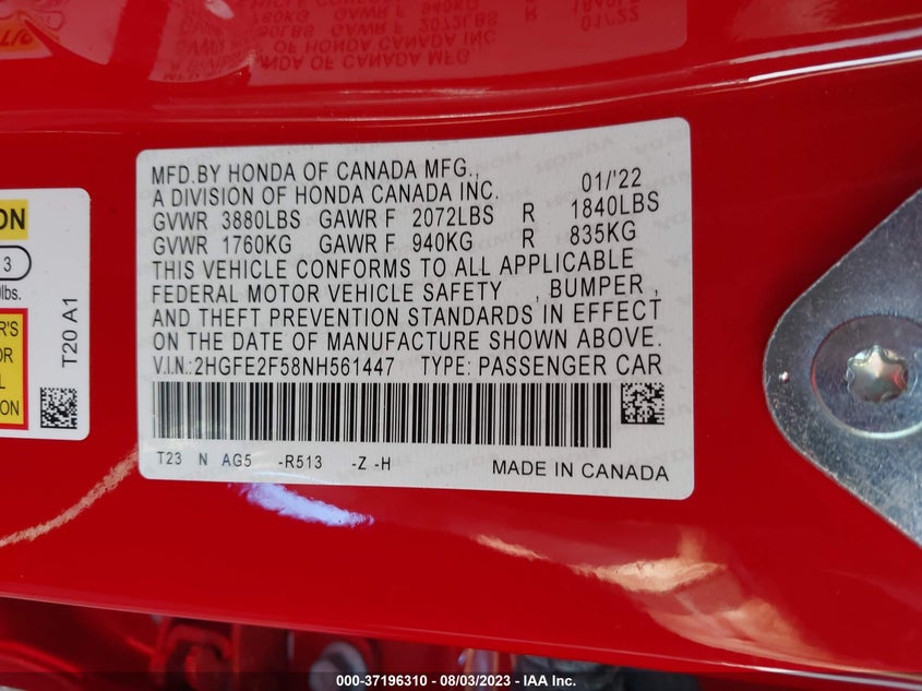 VIN 2HGFE2F58NH561447 2022 HONDA CIVIC SEDAN SPORT