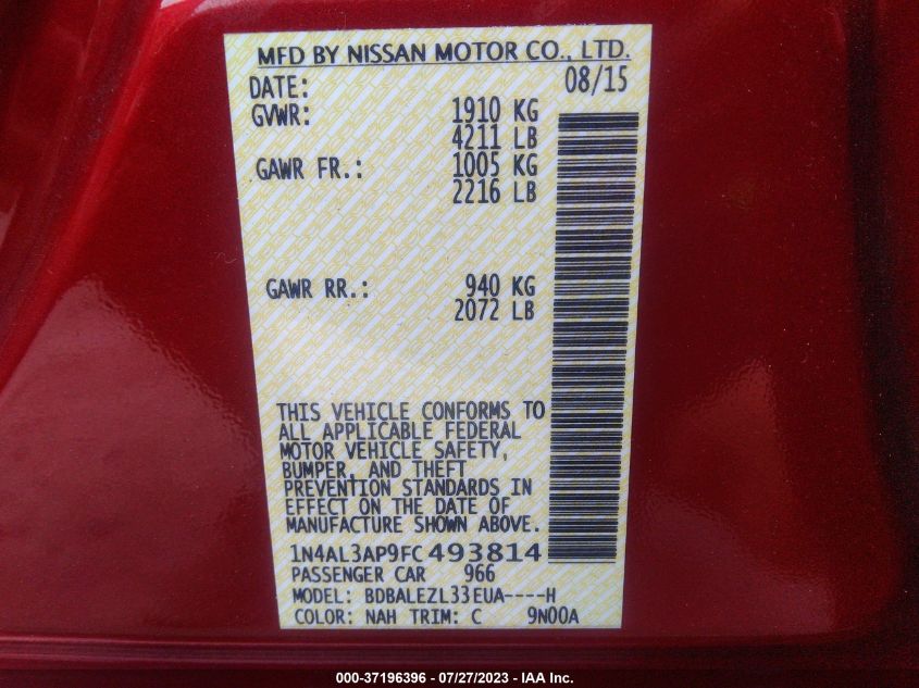 2015 NISSAN ALTIMA 2.5 S - 1N4AL3AP9FC493814