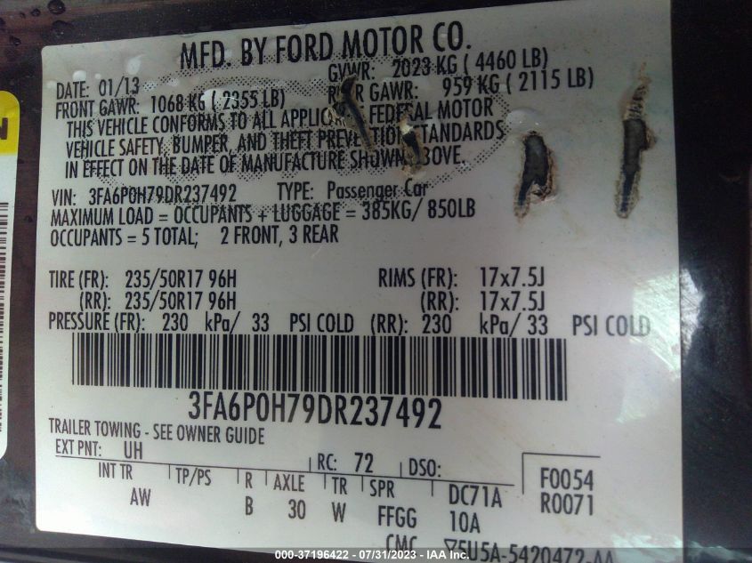 2013 FORD FUSION SE - 3FA6P0H79DR237492