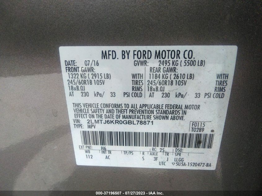 2016 LINCOLN MKX SELECT - 2LMTJ6KR0GBL78871
